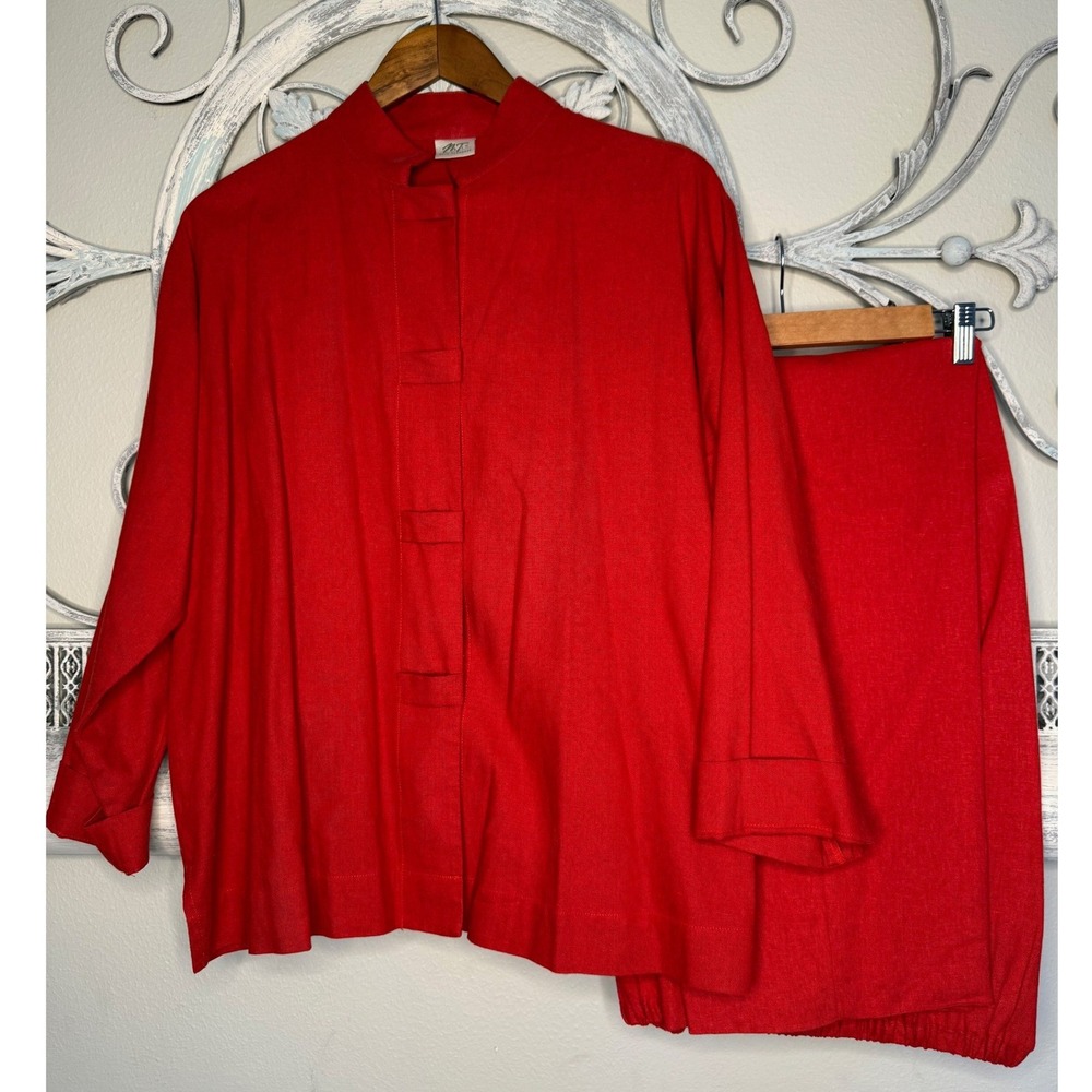 Vtg Norm Thompson Womens Red/Orange Linen Blend Shirt and Pants Set Size L EUC